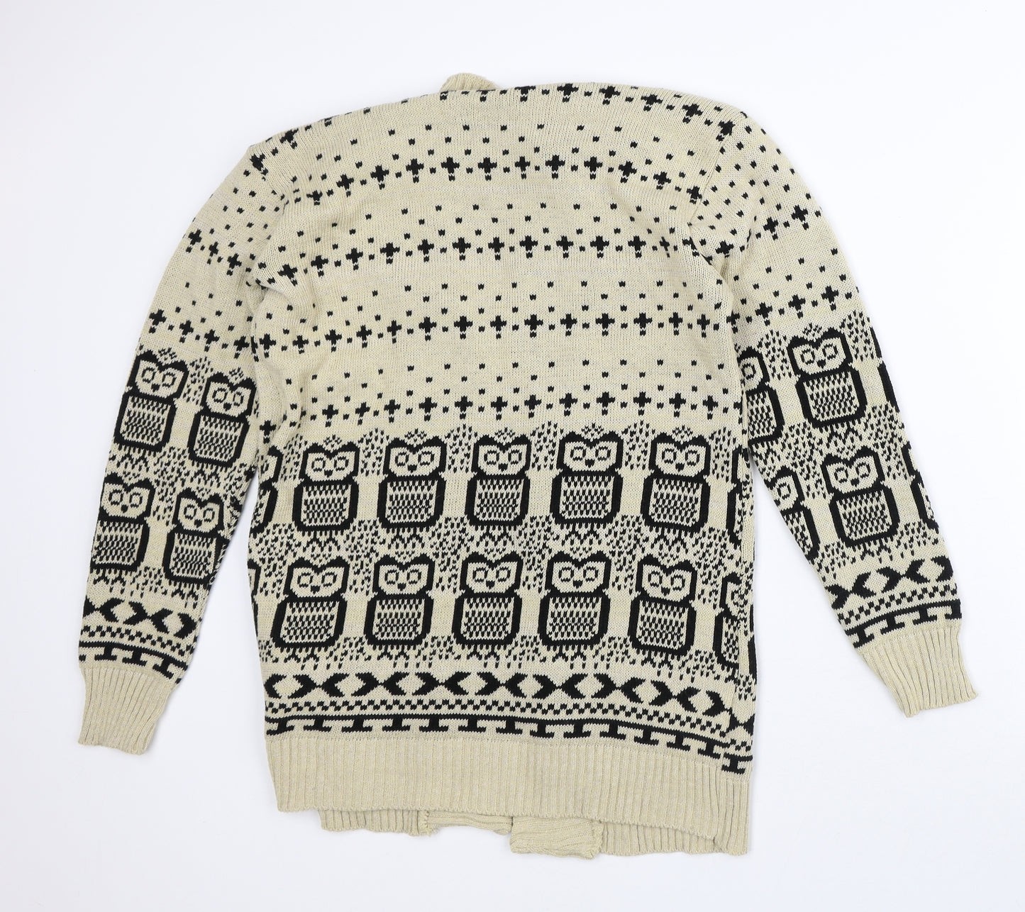 Amazon Womens Beige Round Neck Geometric Polyester Cardigan Jumper Size M   - Owls