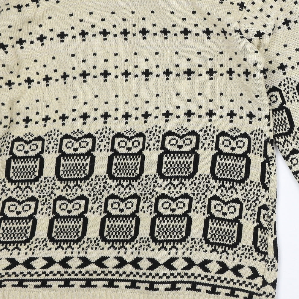 Amazon Womens Beige Round Neck Geometric Polyester Cardigan Jumper Size M   - Owls