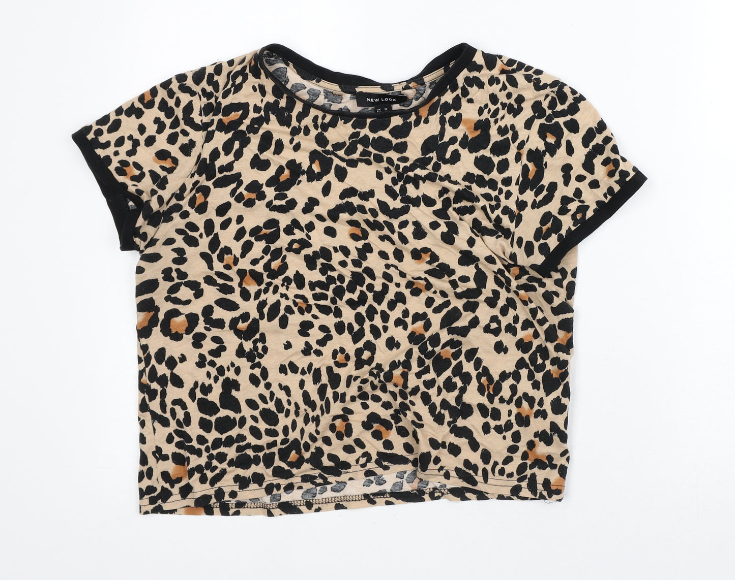 New Look Womens Brown Animal Print Cotton Cropped T-Shirt Size 10 Round Neck