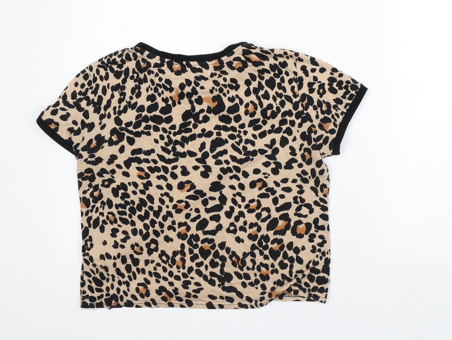 New Look Womens Brown Animal Print Cotton Cropped T-Shirt Size 10 Round Neck
