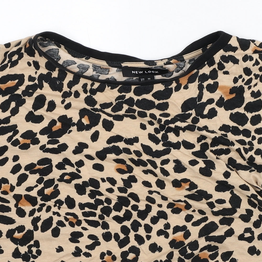 New Look Womens Brown Animal Print Cotton Cropped T-Shirt Size 10 Round Neck