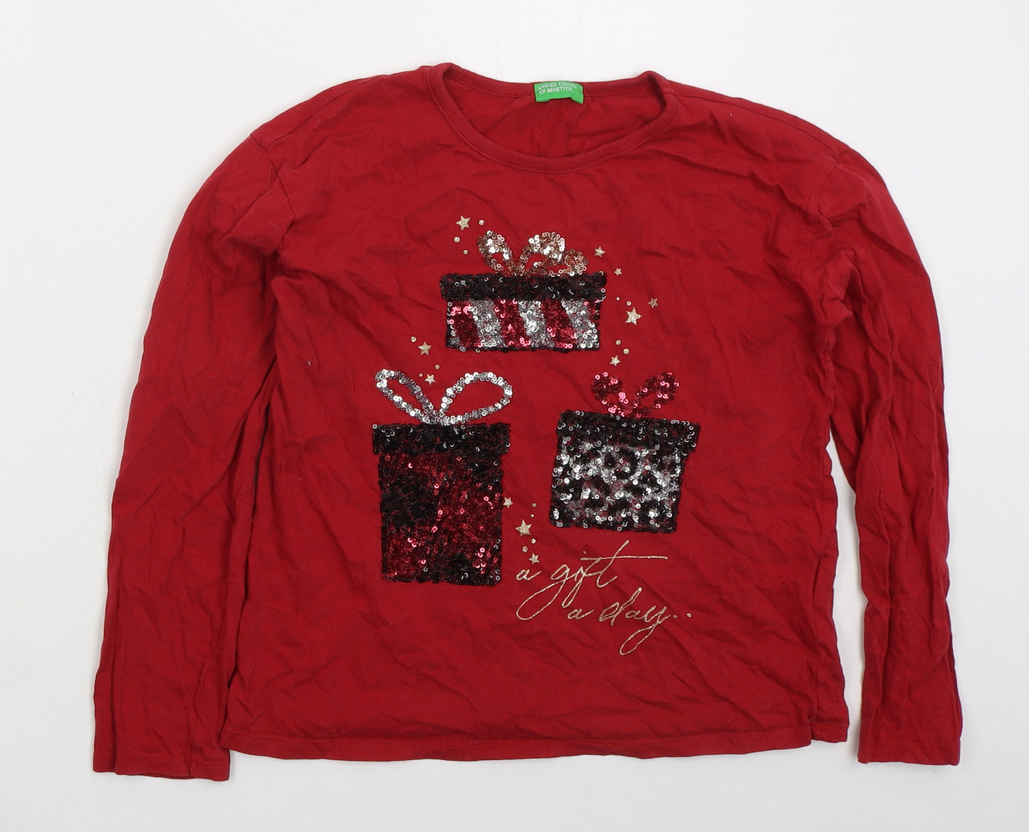United Colors of Benetton Girls Red  Cotton Basic T-Shirt Size 10-11 Years Crew Neck Pullover - Christmas Presents