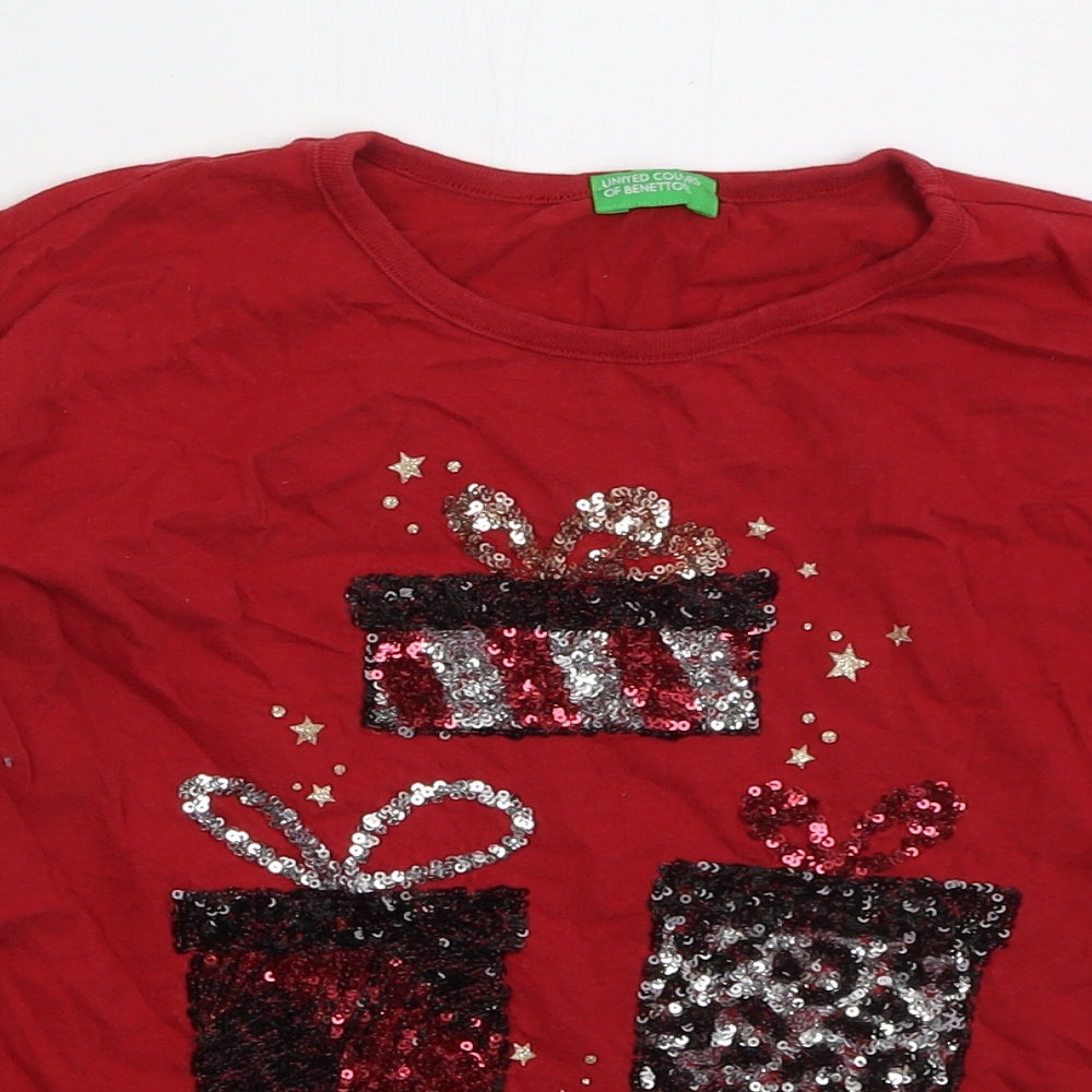 United Colors of Benetton Girls Red  Cotton Basic T-Shirt Size 10-11 Years Crew Neck Pullover - Christmas Presents