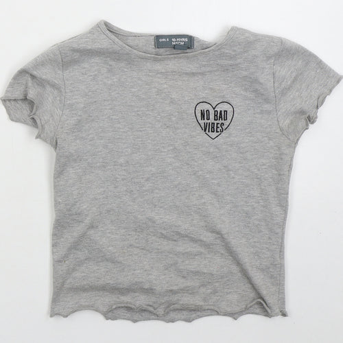 Denim Co Girls Grey  Cotton Basic T-Shirt Size 10-11 Years Crew Neck Pullover - No Bad Vibes