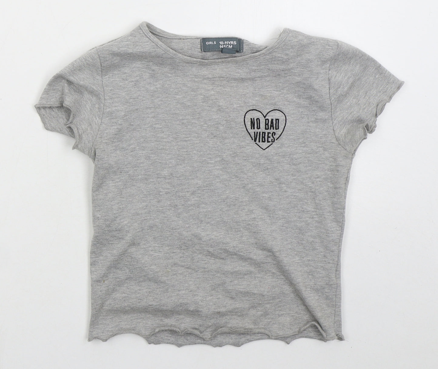 Denim Co Girls Grey  Cotton Basic T-Shirt Size 10-11 Years Crew Neck Pullover - No Bad Vibes