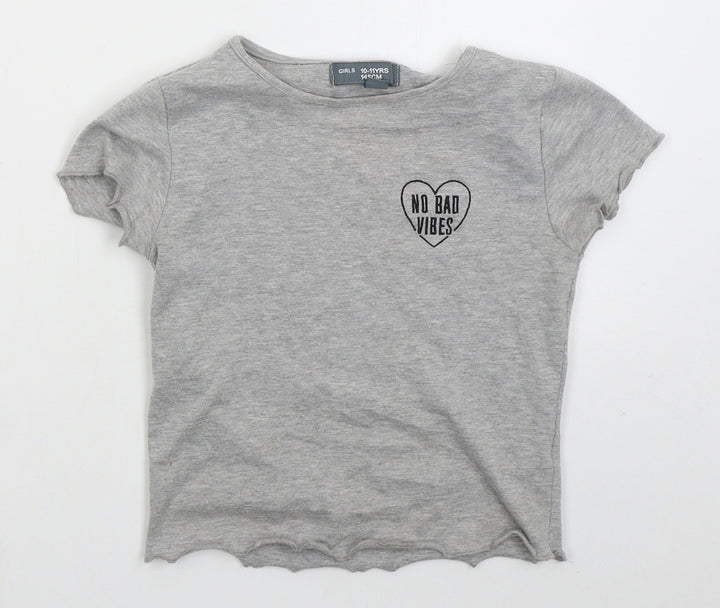 Denim Co Girls Grey  Cotton Basic T-Shirt Size 10-11 Years Crew Neck Pullover - No Bad Vibes