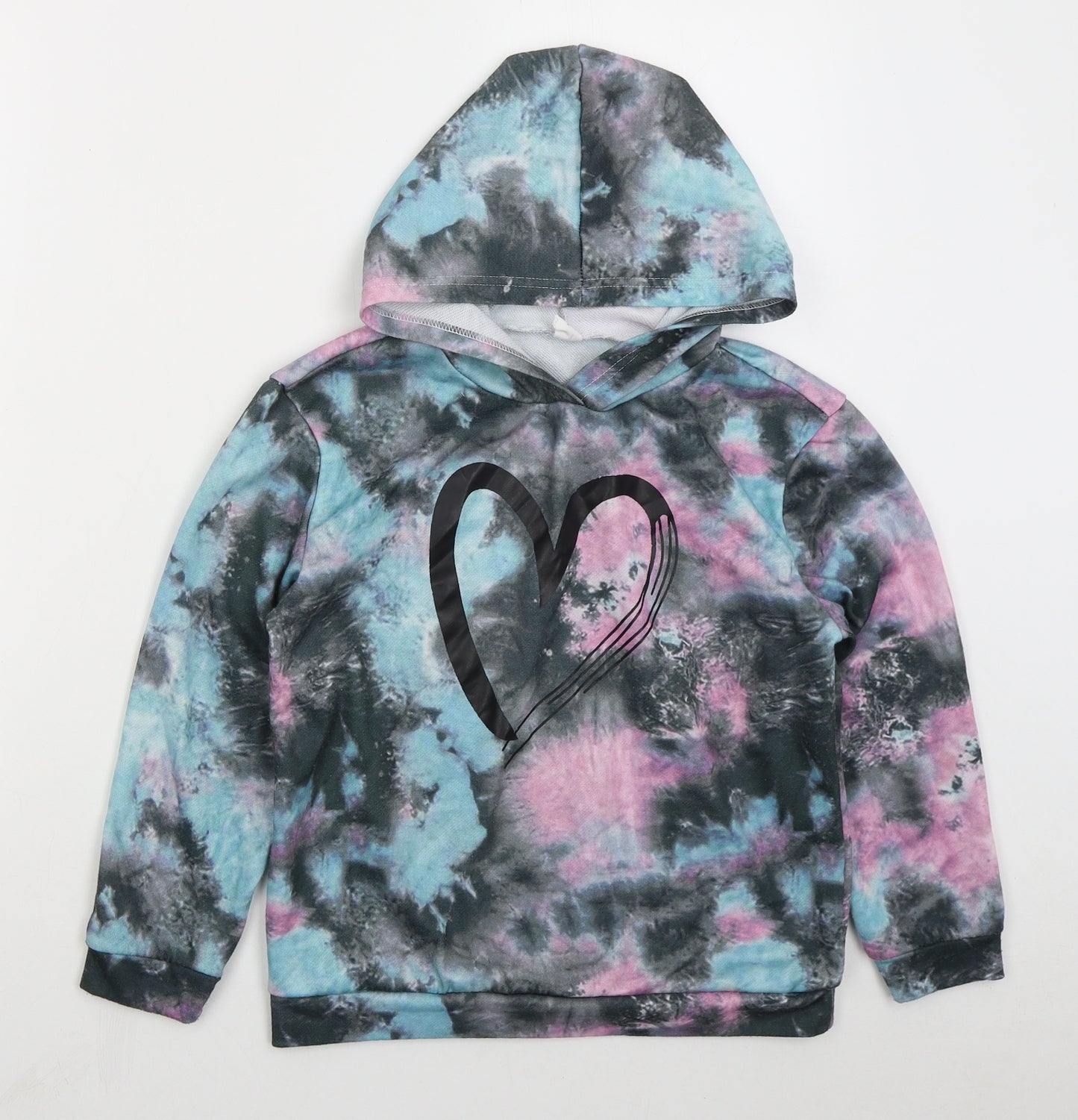 SheIn Girls Grey  Polyester Pullover Hoodie Size 11-12 Years  Pullover - Heart Blue Pink Abstract