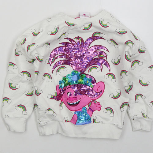 Tesco Girls White  Cotton Pullover Sweatshirt Size 6-7 Years  Pullover - Trolls Rainbows