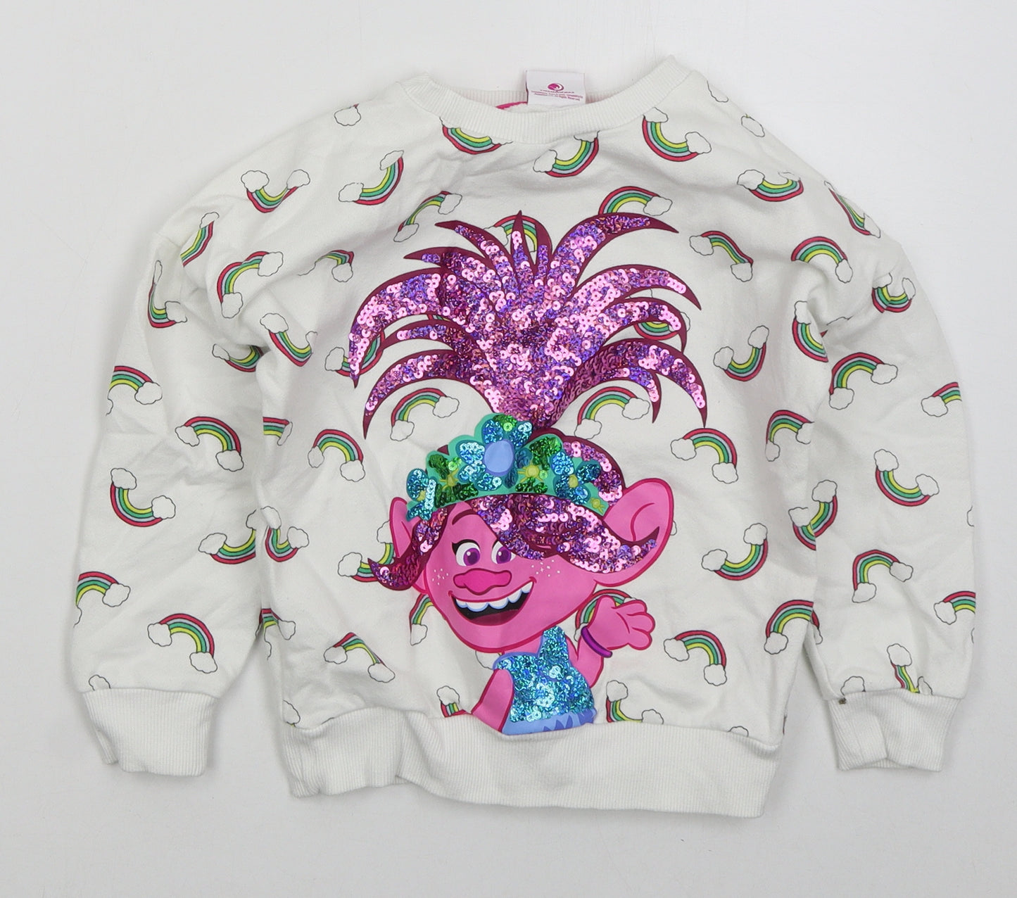 Tesco Girls White  Cotton Pullover Sweatshirt Size 6-7 Years  Pullover - Trolls Rainbows