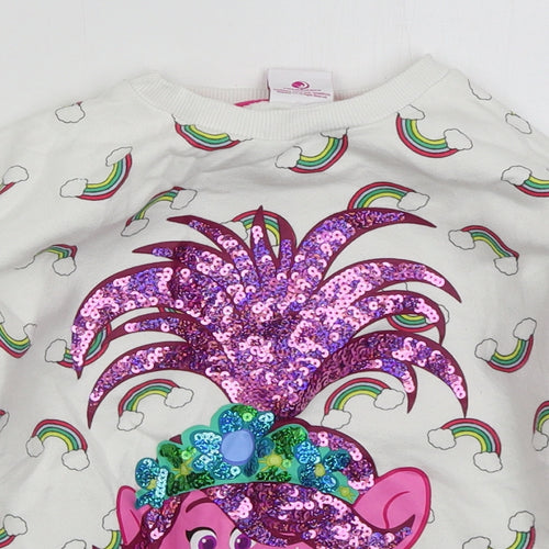 Tesco Girls White  Cotton Pullover Sweatshirt Size 6-7 Years  Pullover - Trolls Rainbows