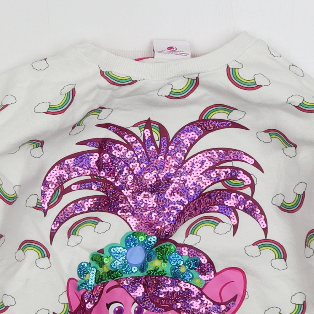 Tesco Girls White  Cotton Pullover Sweatshirt Size 6-7 Years  Pullover - Trolls Rainbows