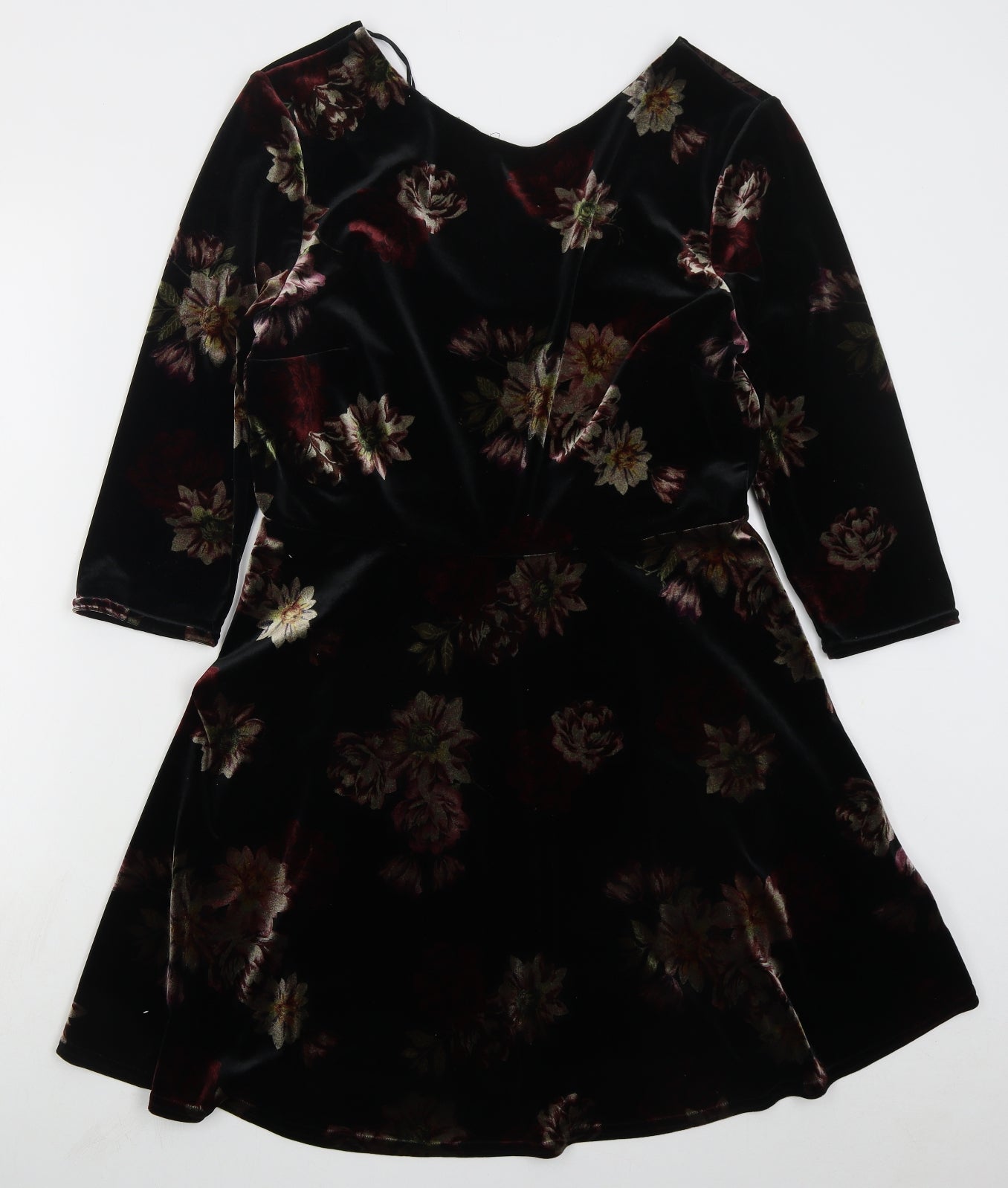 New Look Womens Black Floral Polyester Skater Dress  Size 16  Scoop Neck Pullover