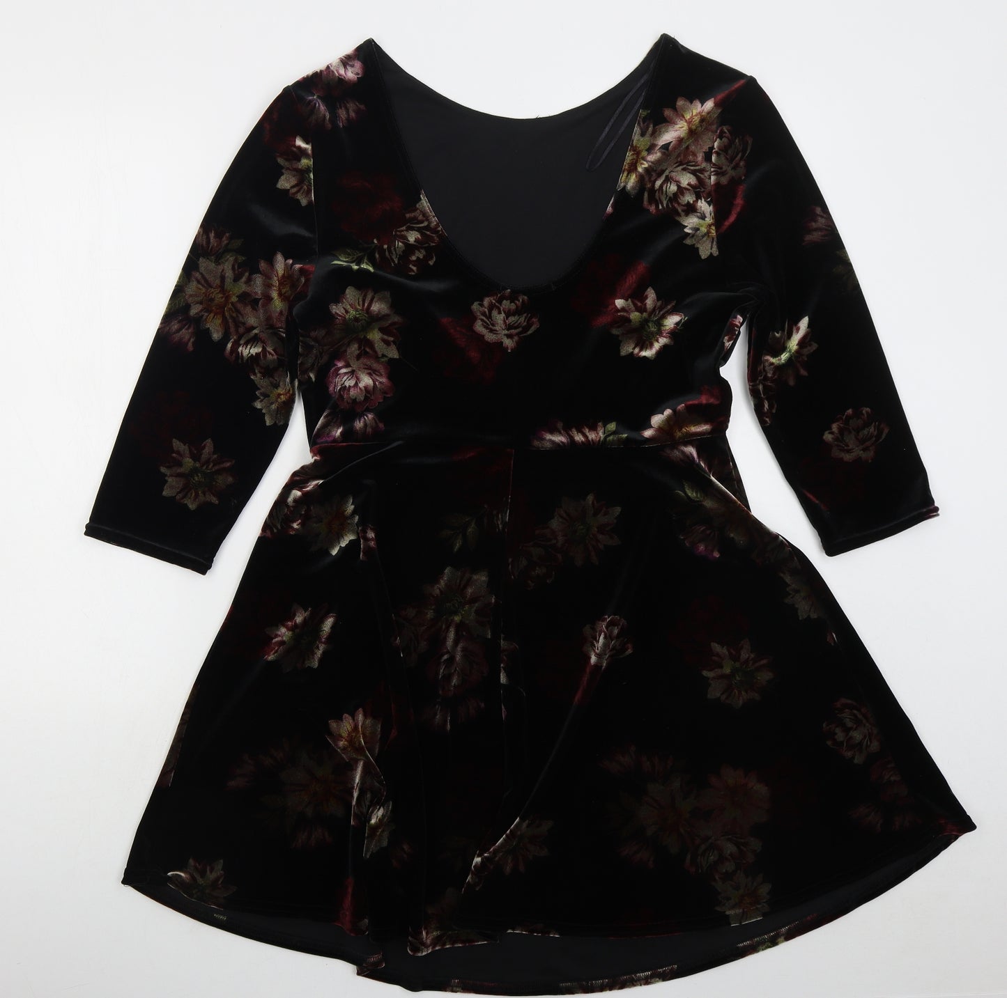 New Look Womens Black Floral Polyester Skater Dress  Size 16  Scoop Neck Pullover
