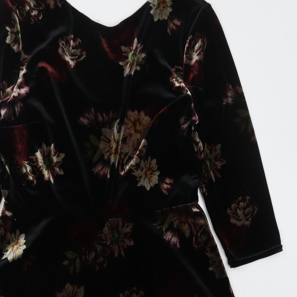 New Look Womens Black Floral Polyester Skater Dress  Size 16  Scoop Neck Pullover