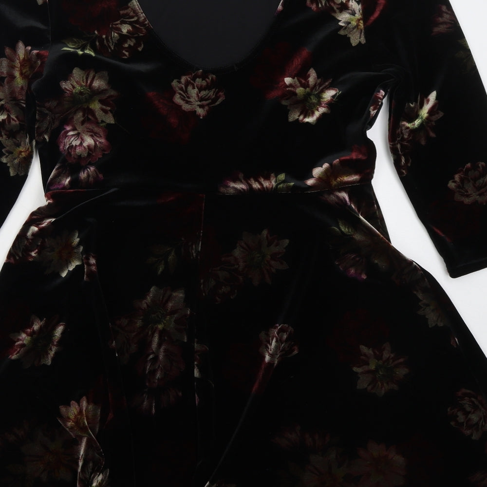 New Look Womens Black Floral Polyester Skater Dress  Size 16  Scoop Neck Pullover