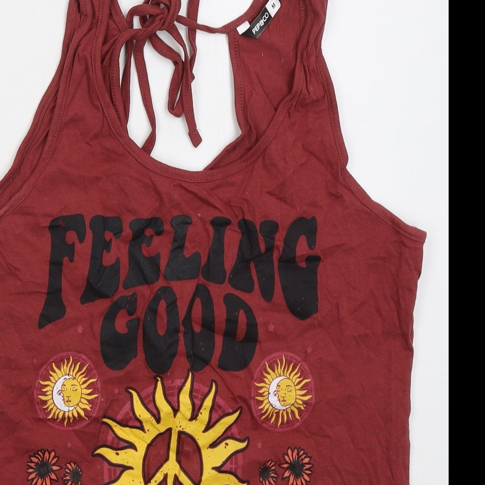 Pep&Co Womens Red  Cotton Basic Tank Size M Scoop Neck - Feeling Good