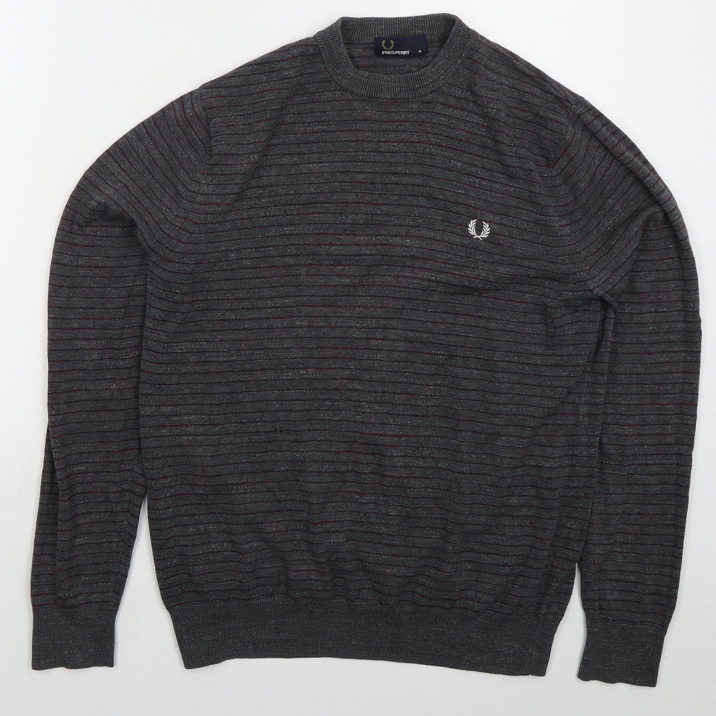 Fred Perry Mens Grey Crew Neck Striped Cotton Pullover Jumper Size M