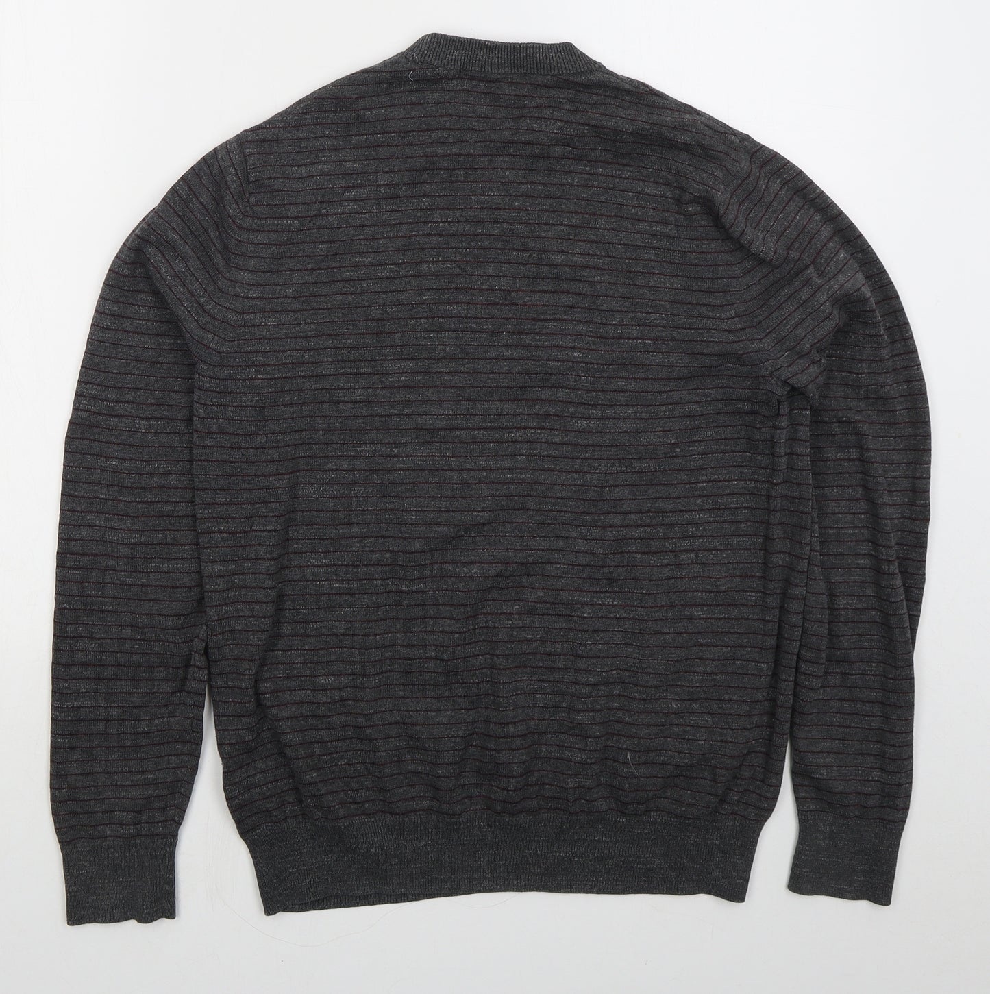 Fred Perry Mens Grey Crew Neck Striped Cotton Pullover Jumper Size M