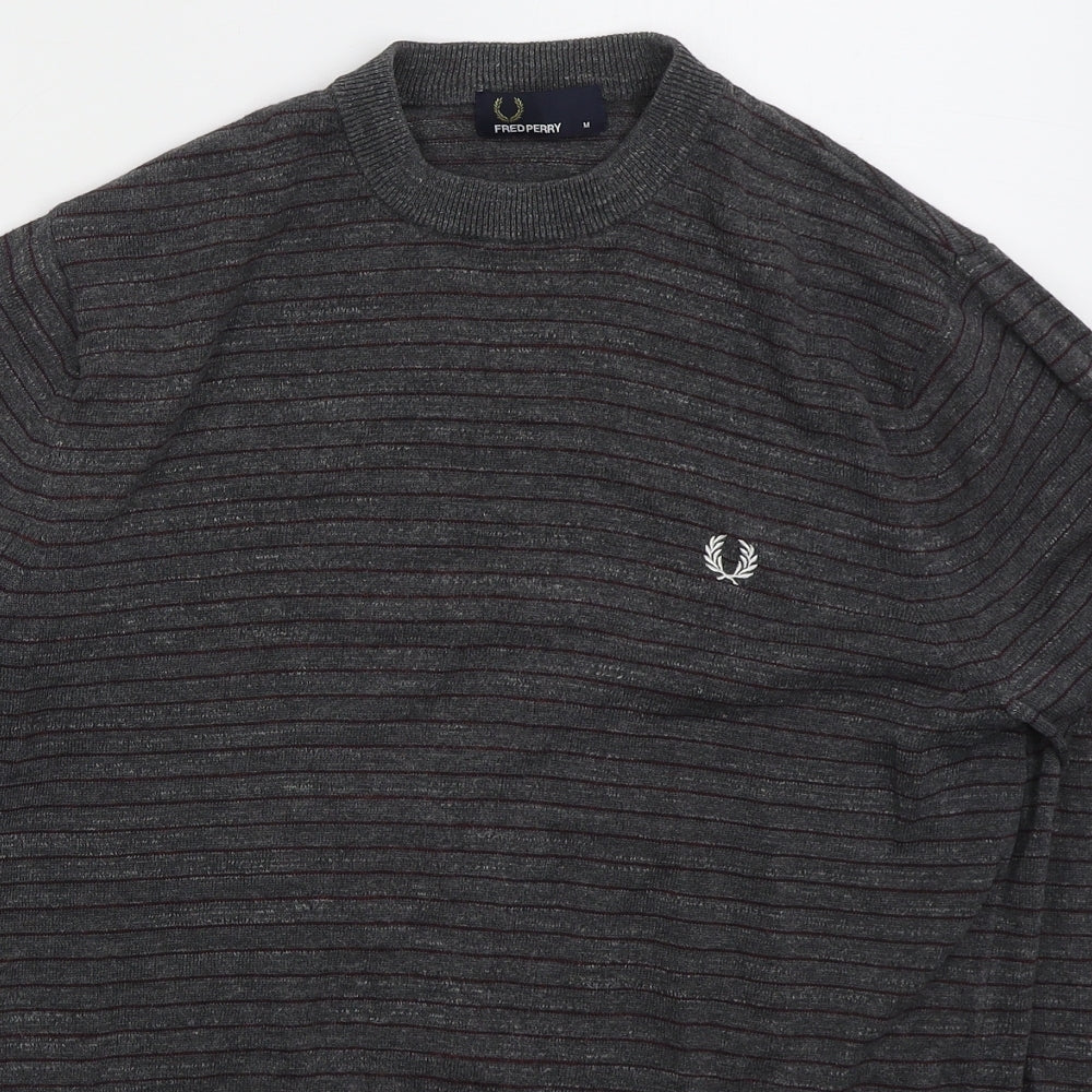 Fred Perry Mens Grey Crew Neck Striped Cotton Pullover Jumper Size M