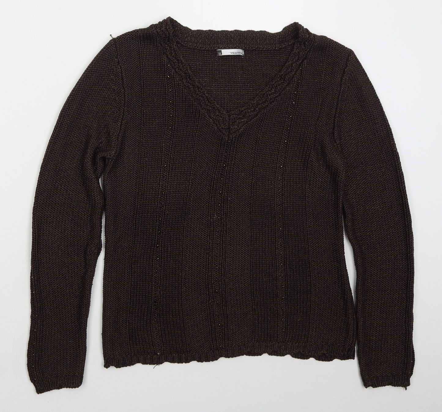 Viz-A-Viz Womens Brown V-Neck  Acrylic Pullover Jumper Size 12