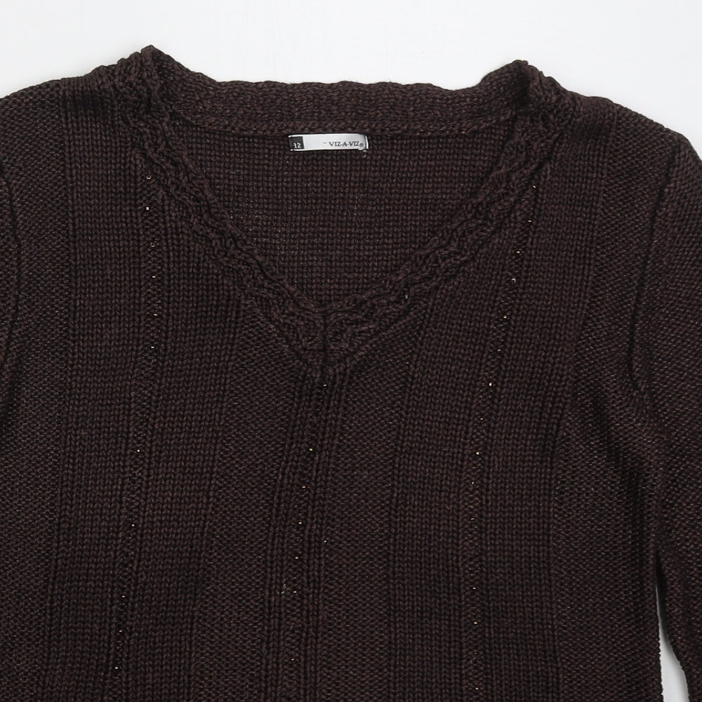 Viz-A-Viz Womens Brown V-Neck  Acrylic Pullover Jumper Size 12