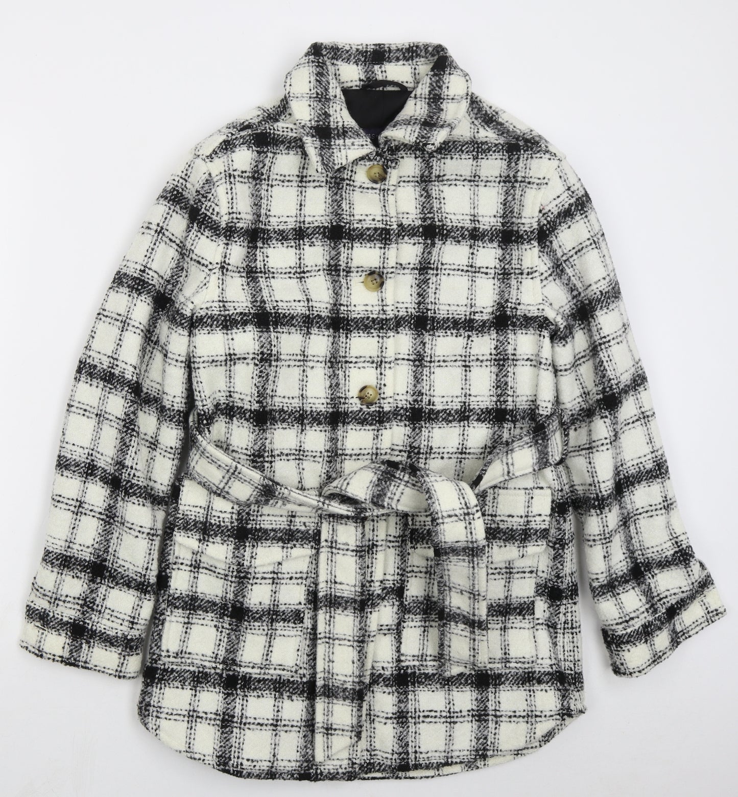 Marks and Spencer Womens Ivory Check  Pea Coat Coat Size 8  Button