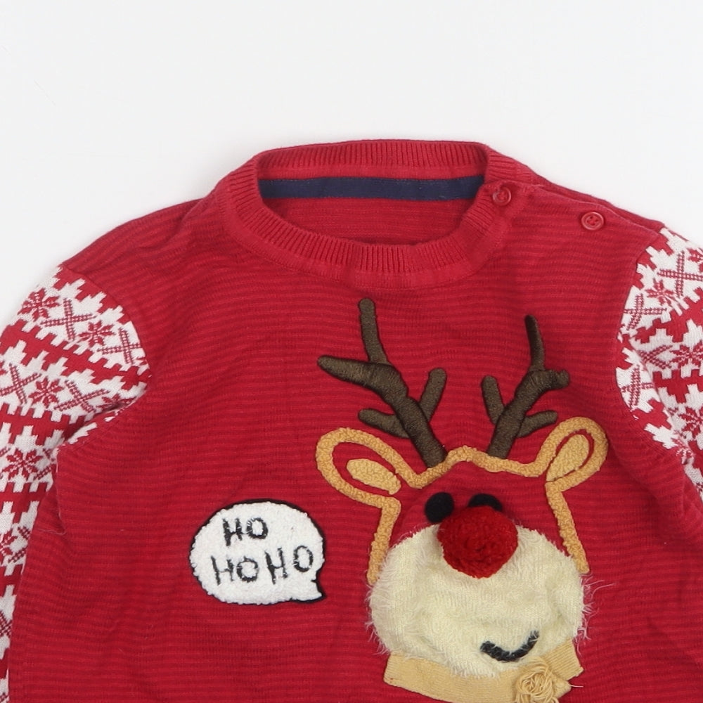 Mothercare Boys Red Round Neck Striped Cotton Pullover Jumper Size 3-4 Years   - Christmas