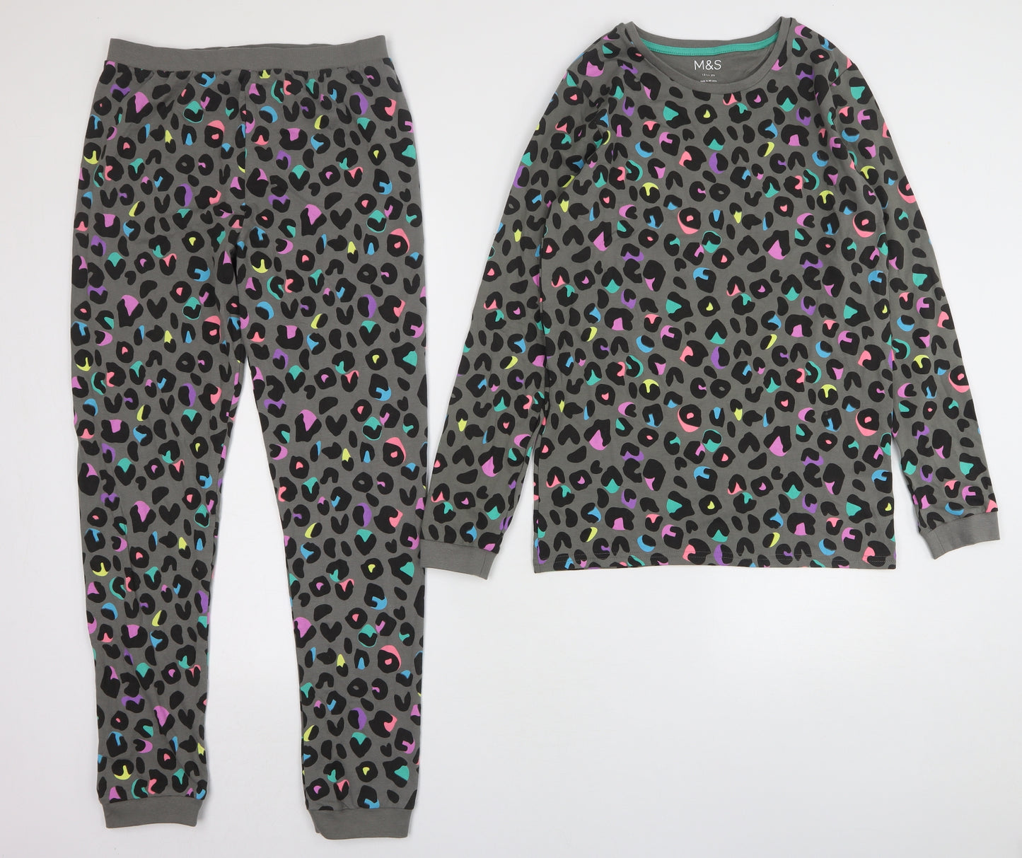 Marks and Spencer Girls Green Animal Print Cotton Top Pyjama Set Size 13-14 Years
