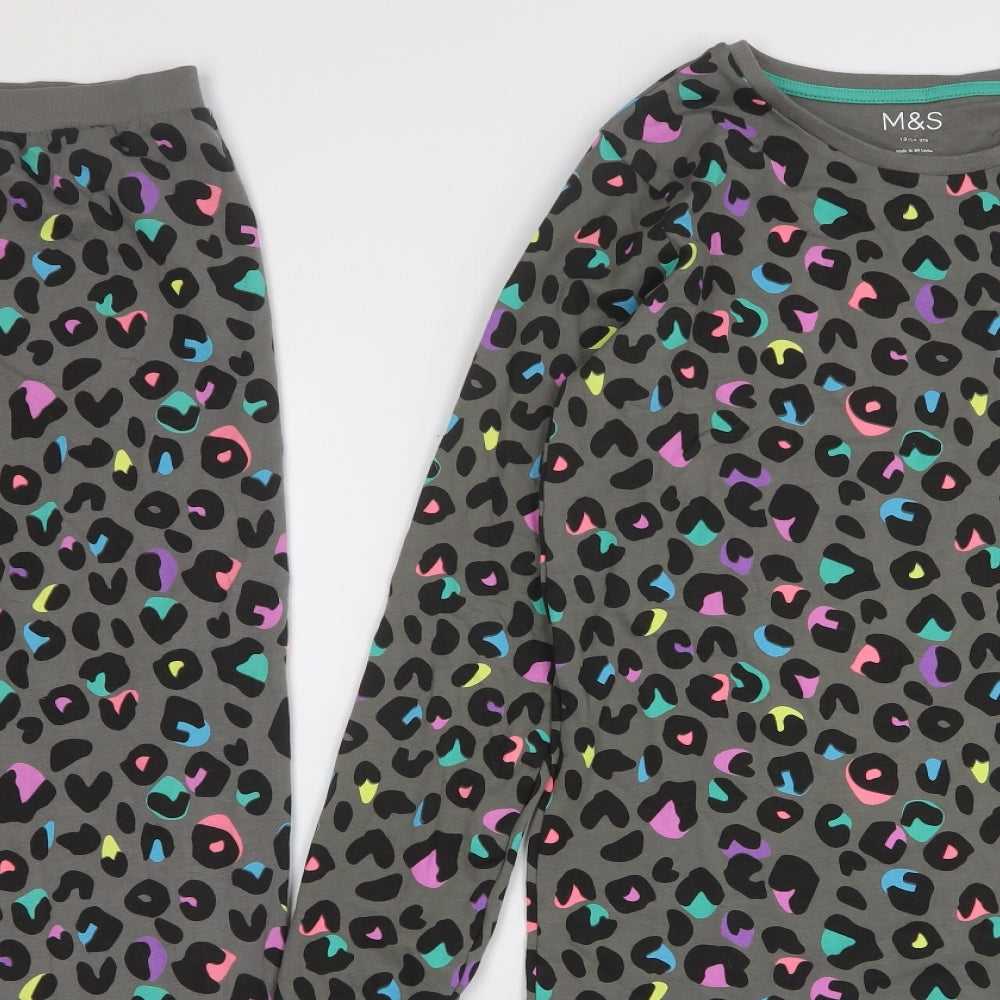 Marks and Spencer Girls Green Animal Print Cotton Top Pyjama Set Size 13-14 Years