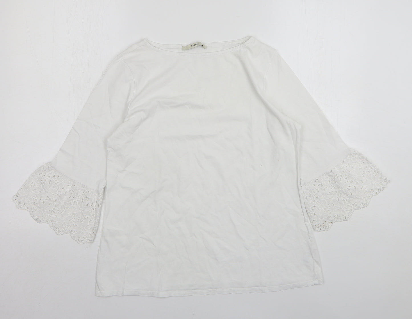 George Womens White Floral Cotton Basic T-Shirt Size 10 Round Neck