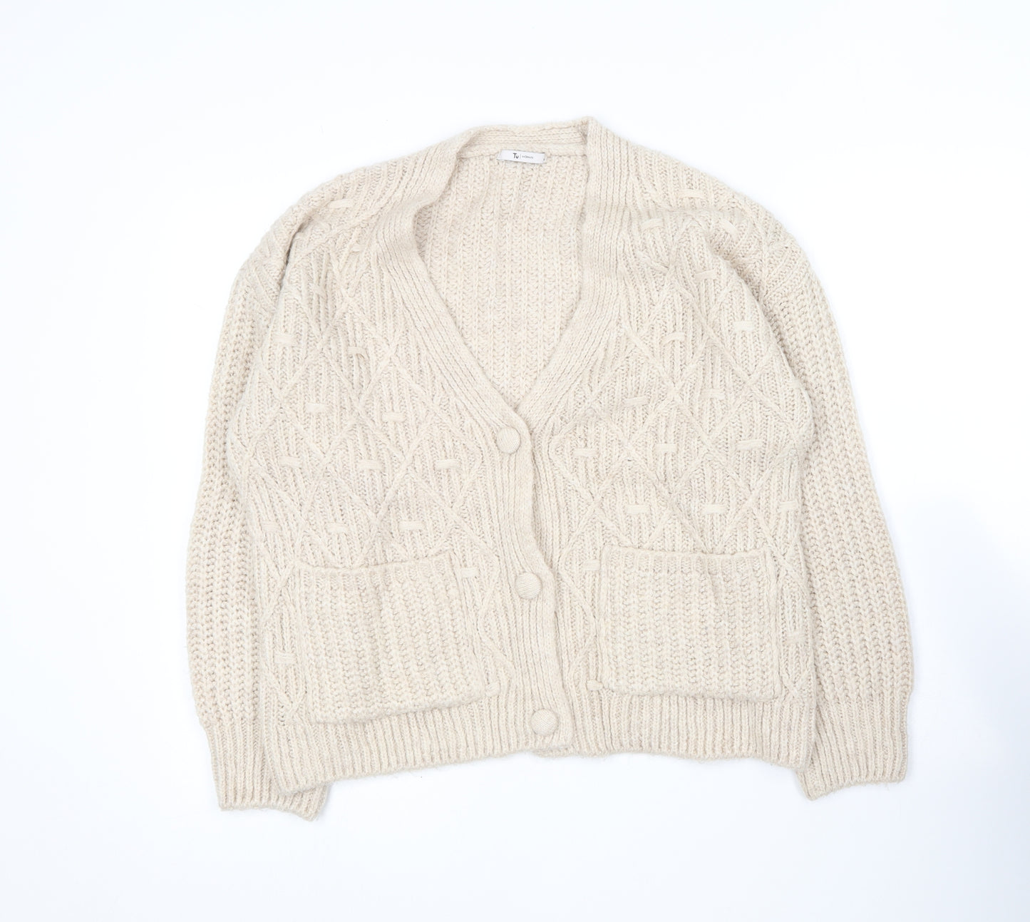 TU Womens Beige V-Neck  Acrylic Cardigan Jumper Size 14