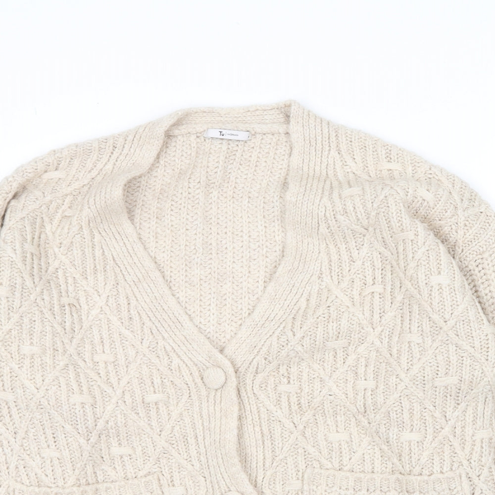 TU Womens Beige V-Neck  Acrylic Cardigan Jumper Size 14
