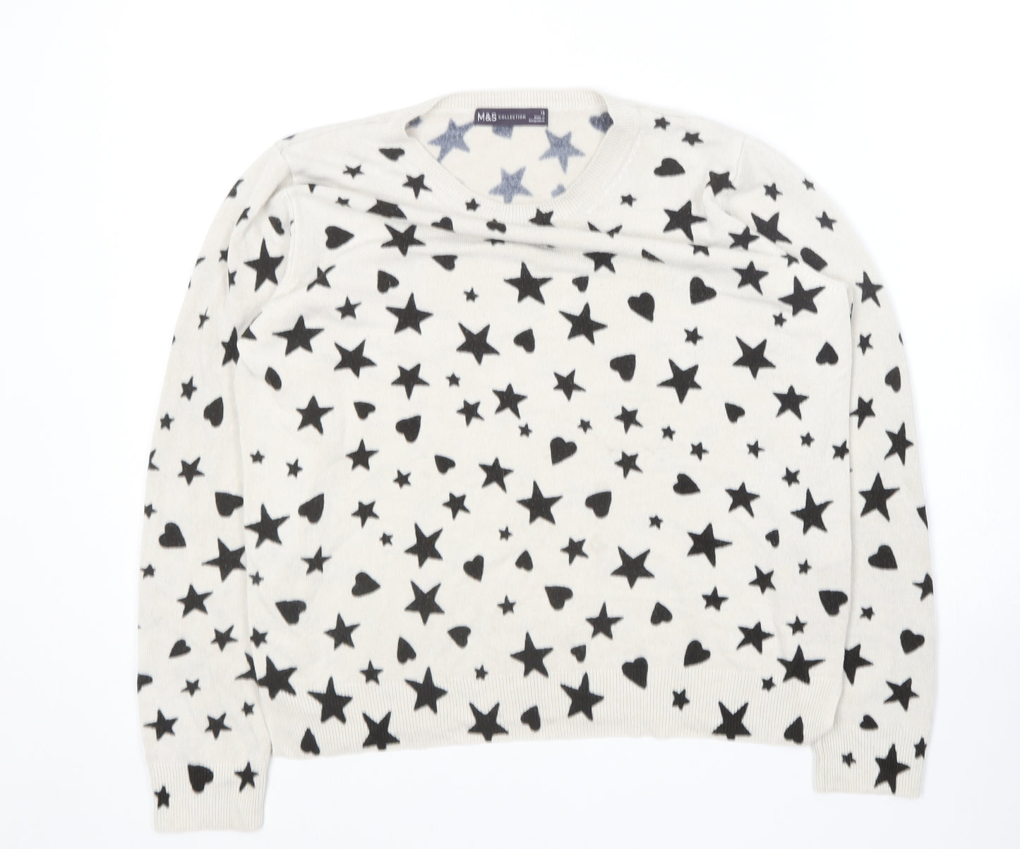 Marks and Spencer Womens White Round Neck Geometric Acrylic Pullover Jumper Size 16