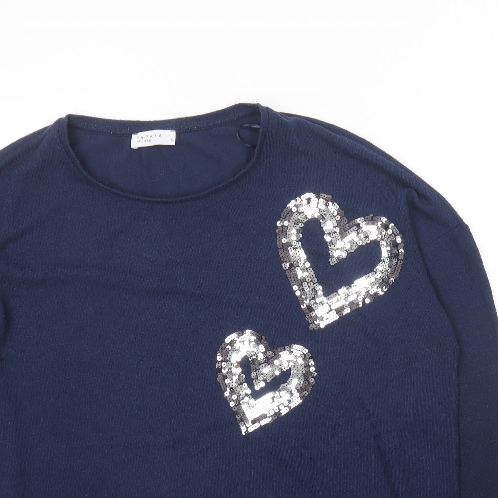 Papaya Womens Blue Round Neck  Polyester Pullover Jumper Size 16   - Love heart