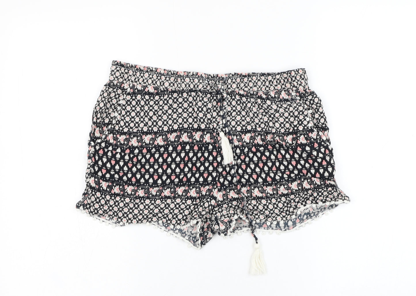 Atmosphere Womens Black Floral Viscose Hot Pants Shorts Size 10 L3 in Regular Drawstring