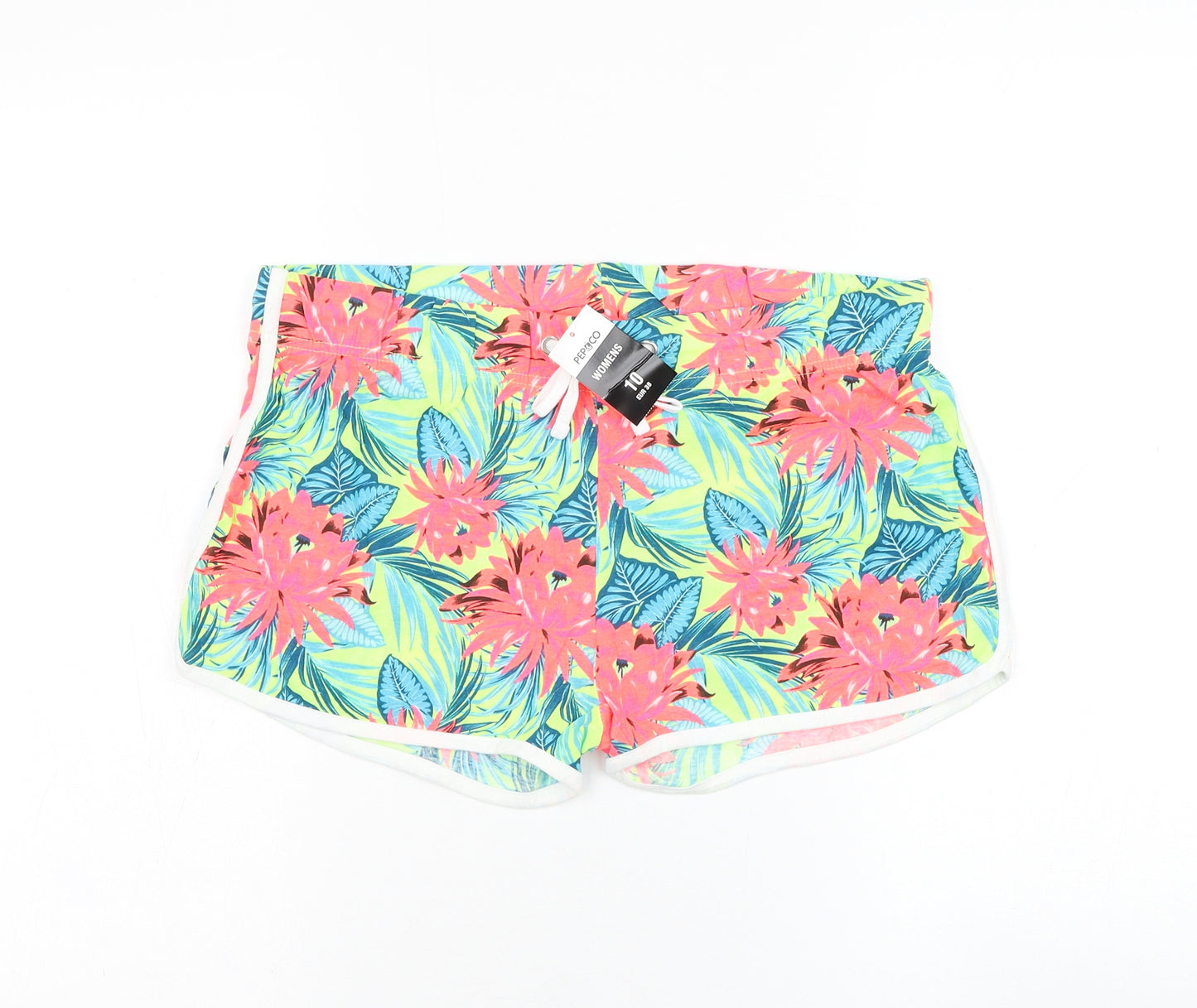 Pep&co Womens Green Floral Cotton Hot Pants Shorts Size 10 L3 in Regular Drawstring