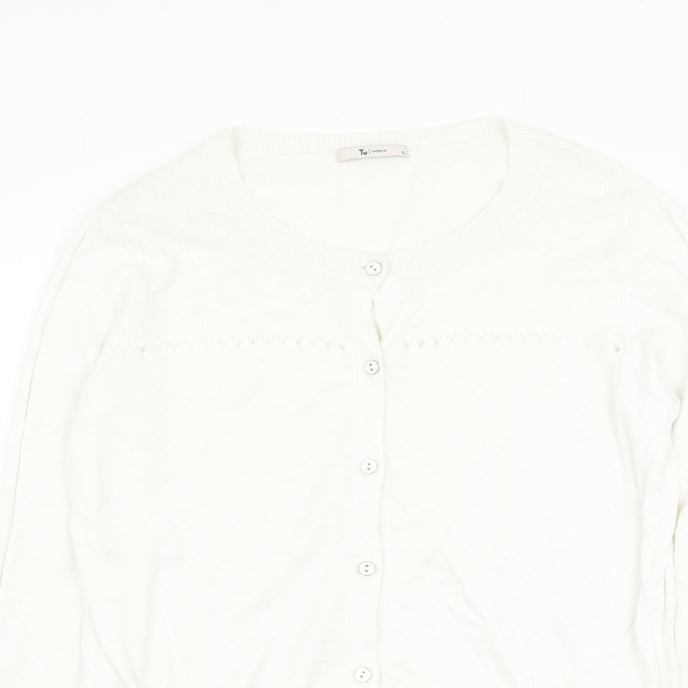 TU Womens White Round Neck  Polyester Cardigan Jumper Size 12