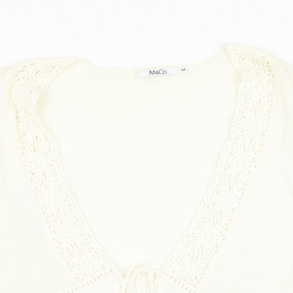M&Co Womens White V-Neck  Polyester Cardigan Jumper Size M