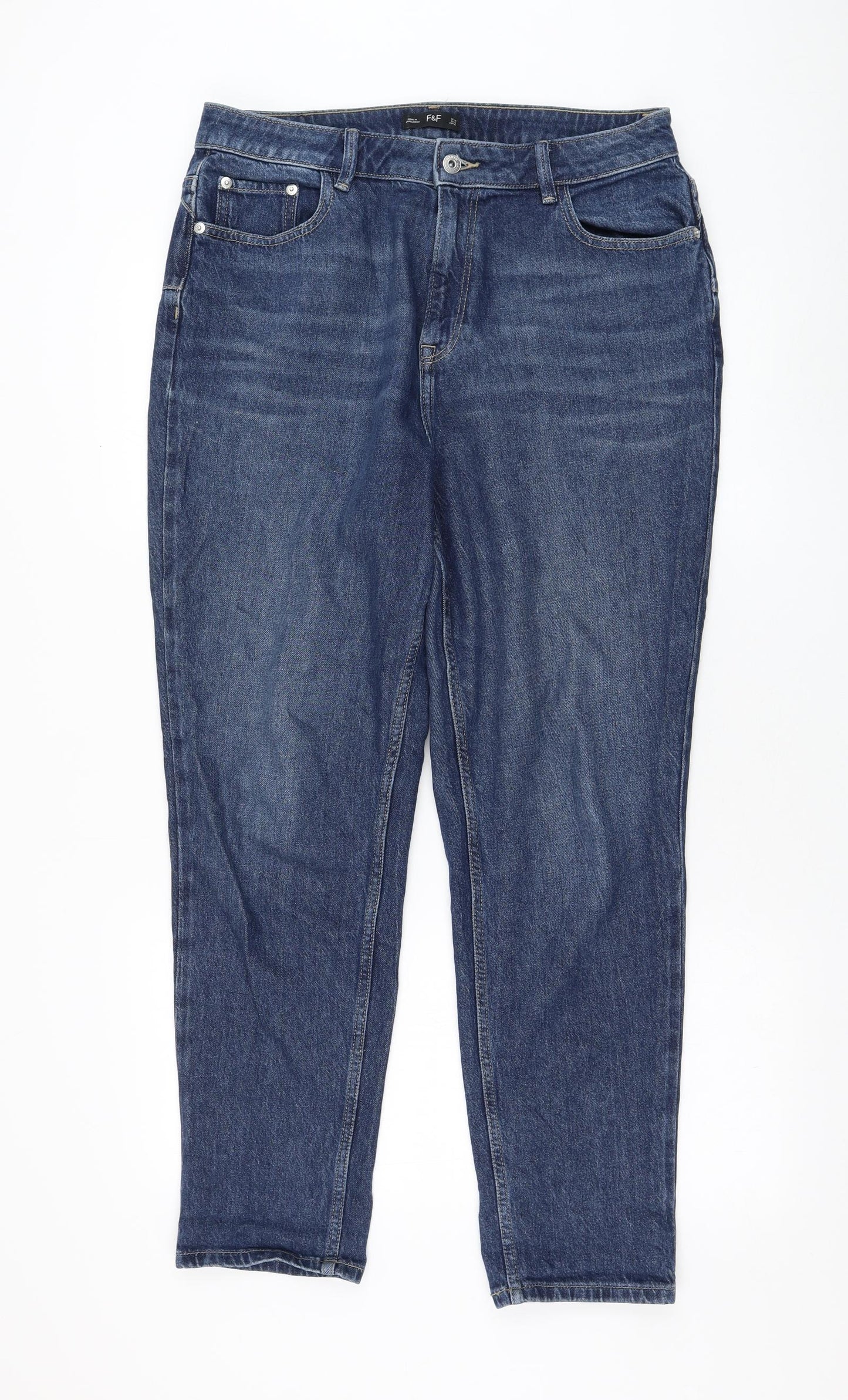 F&F Womens Blue  Cotton Straight Jeans Size 14 L28 in Regular Zip