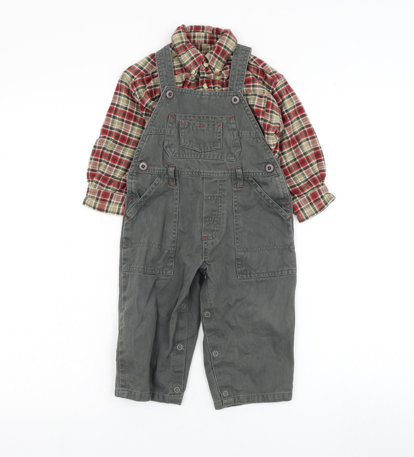 Dunnes Stores Boys Green Check Cotton Dungaree Outfit/Set Size 12-18 Months  Button