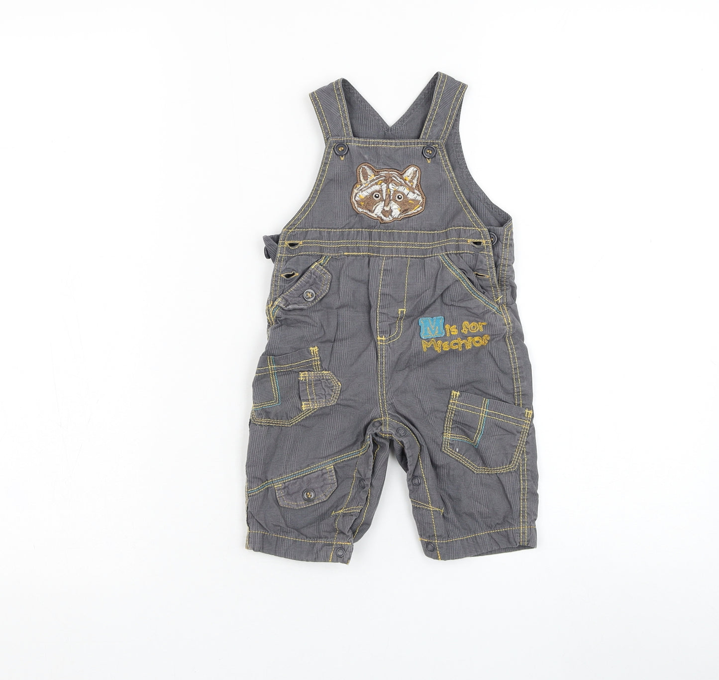 M&Co Boys Grey  Cotton Dungaree One-Piece Size 3-6 Months  Button - Slogan