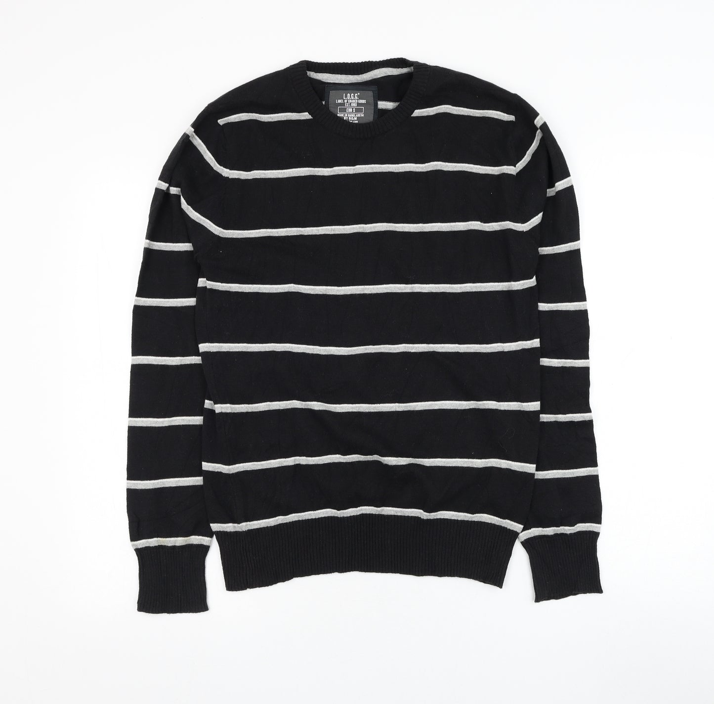 H&M Mens Black Round Neck Striped Cotton Pullover Jumper Size S