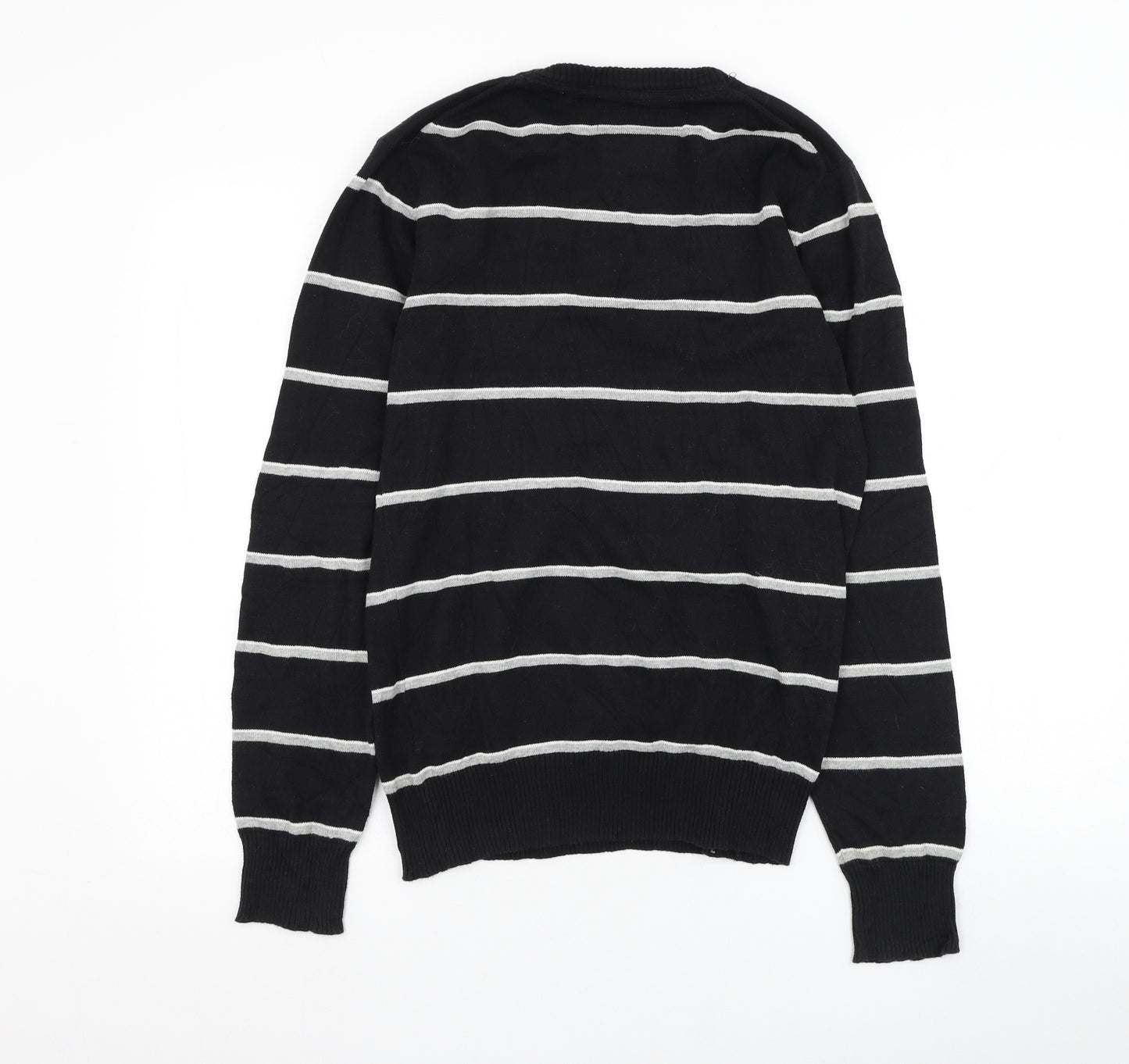 H&M Mens Black Round Neck Striped Cotton Pullover Jumper Size S