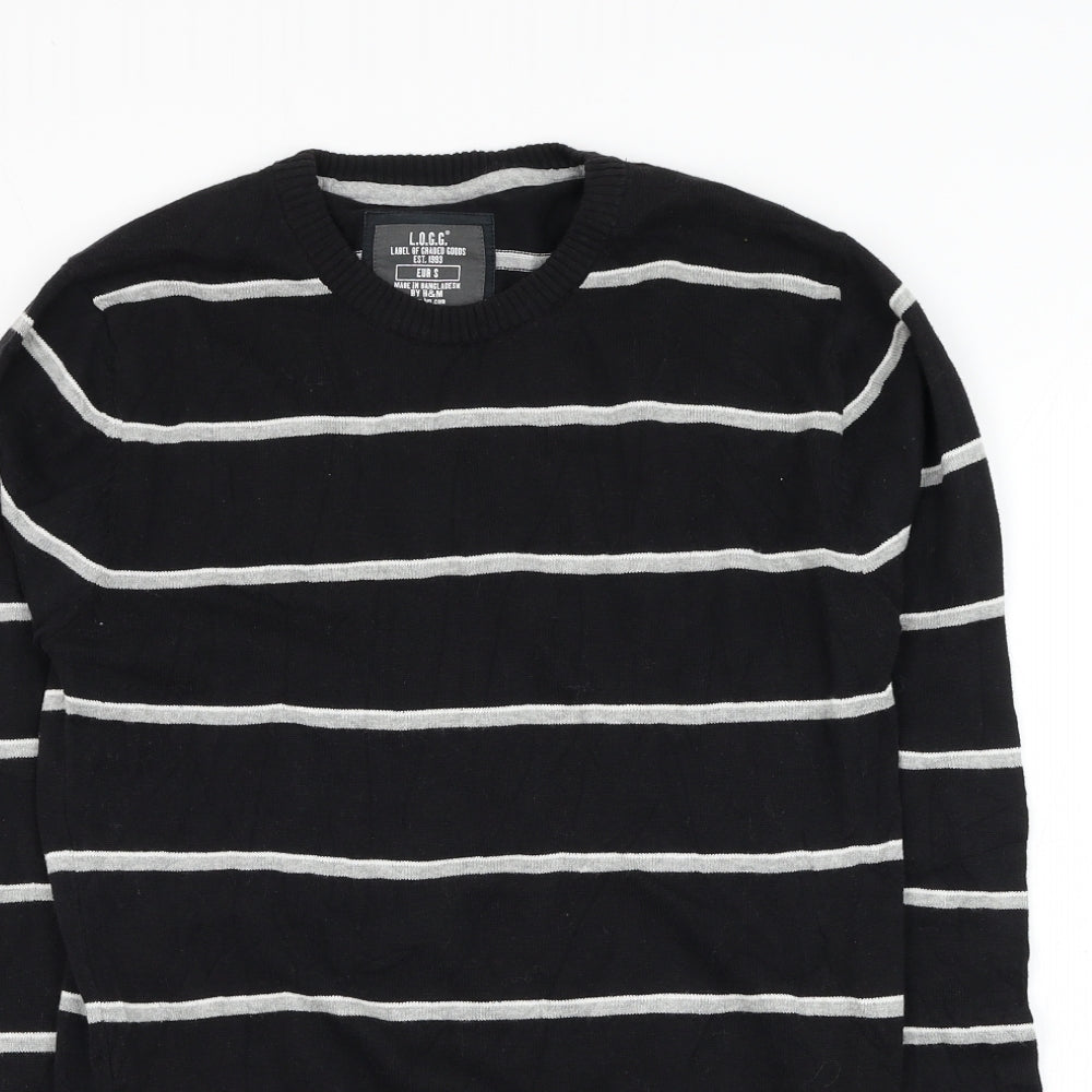 H&M Mens Black Round Neck Striped Cotton Pullover Jumper Size S