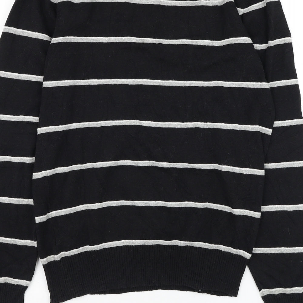 H&M Mens Black Round Neck Striped Cotton Pullover Jumper Size S