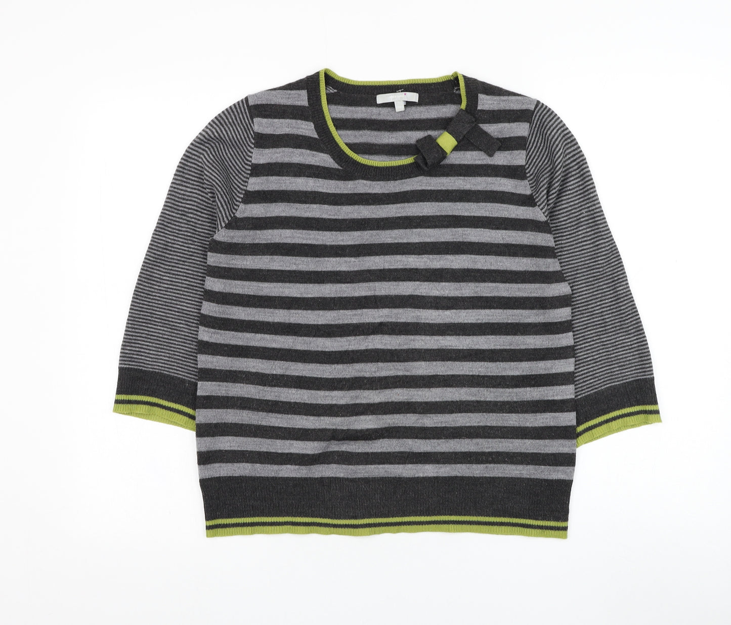 Marks and Spencer Womens Grey Round Neck Striped Acrylic Pullover Jumper Size 14