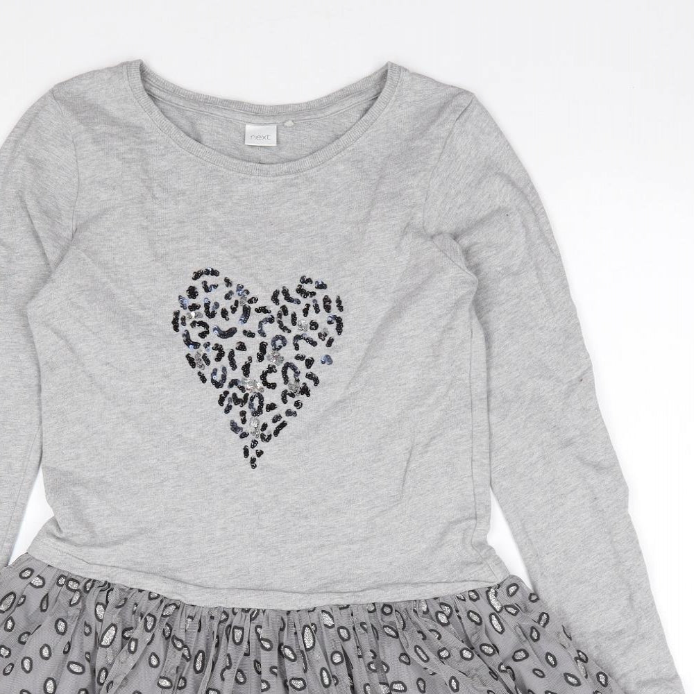 NEXT Girls Grey Animal Print Cotton Tutu Dress  Size 12 Years  Crew Neck Pullover