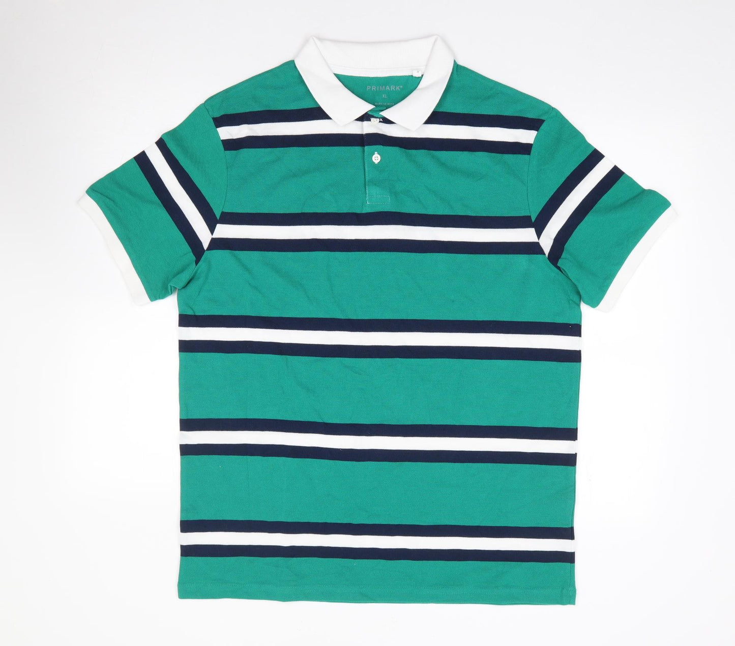 Primark Mens Green Striped 100% Cotton  Polo Size XL Collared Pullover