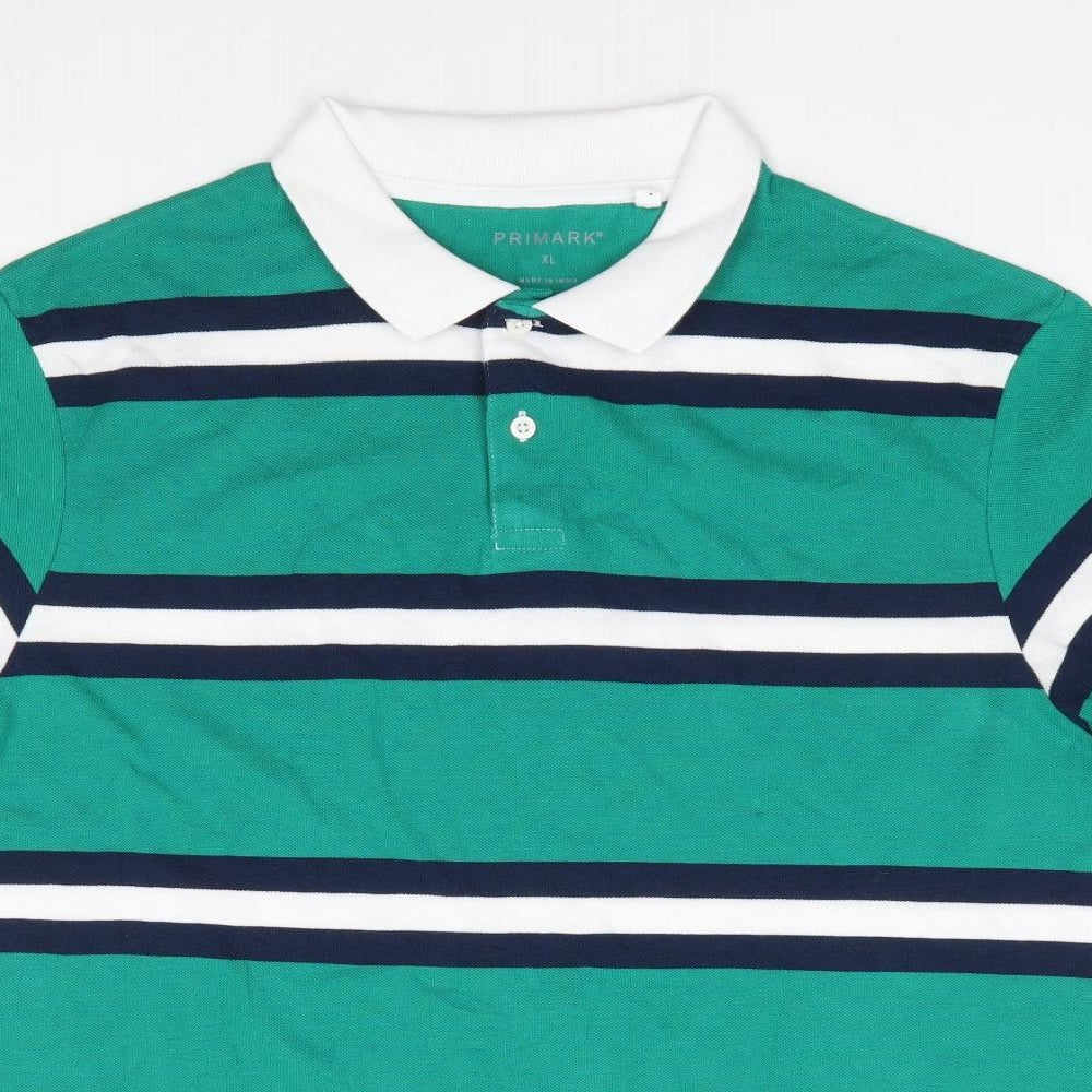 Primark Mens Green Striped 100% Cotton  Polo Size XL Collared Pullover