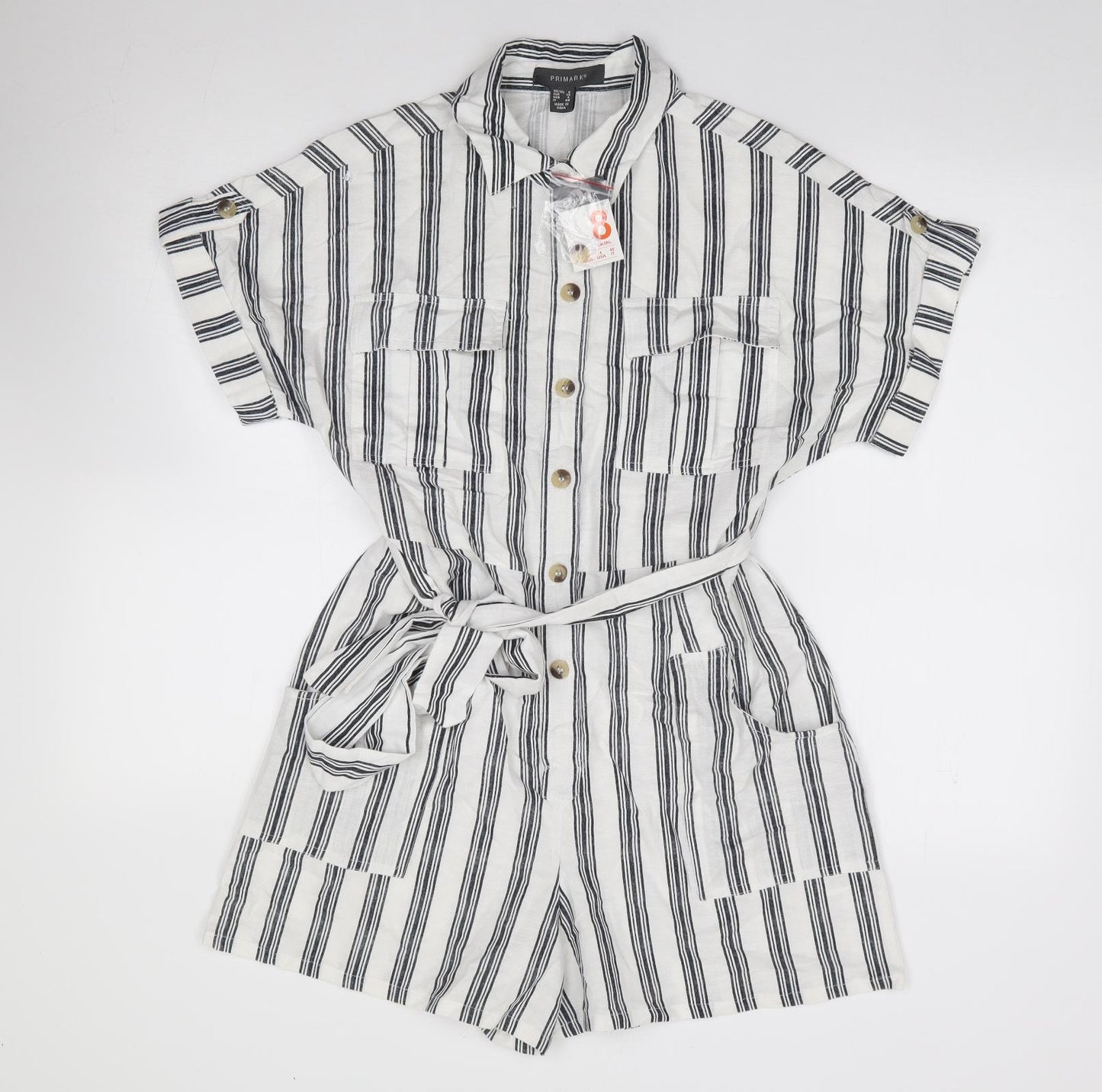 Primakr Womens Ivory Striped Viscose Playsuit One-Piece Size 8  Button